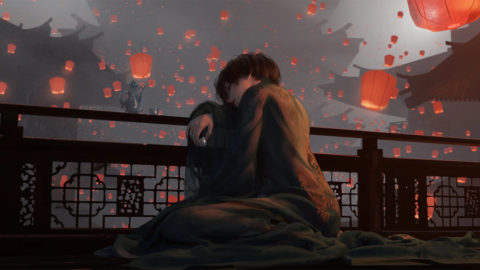 画面描绘两个人影坐在栏杆前，远处夜空中漂浮着许多发光灯笼。