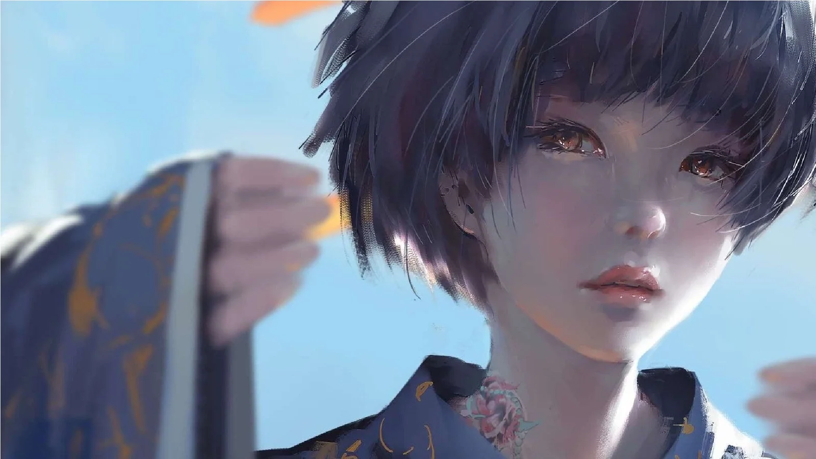 青空の下にいる短髪のアニメ少女を描いたクローズアップポートレート。