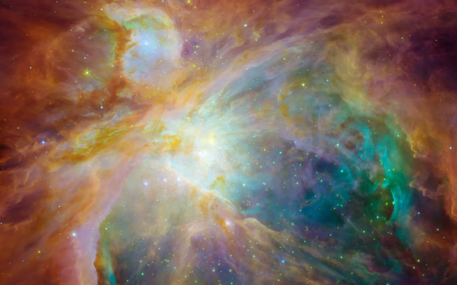 An abstract cosmic background filled with colorful nebula clouds and scattered stars.