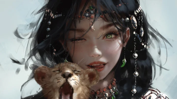 画面展示一位黑发动漫女性与一只张嘴的猫咪同框。