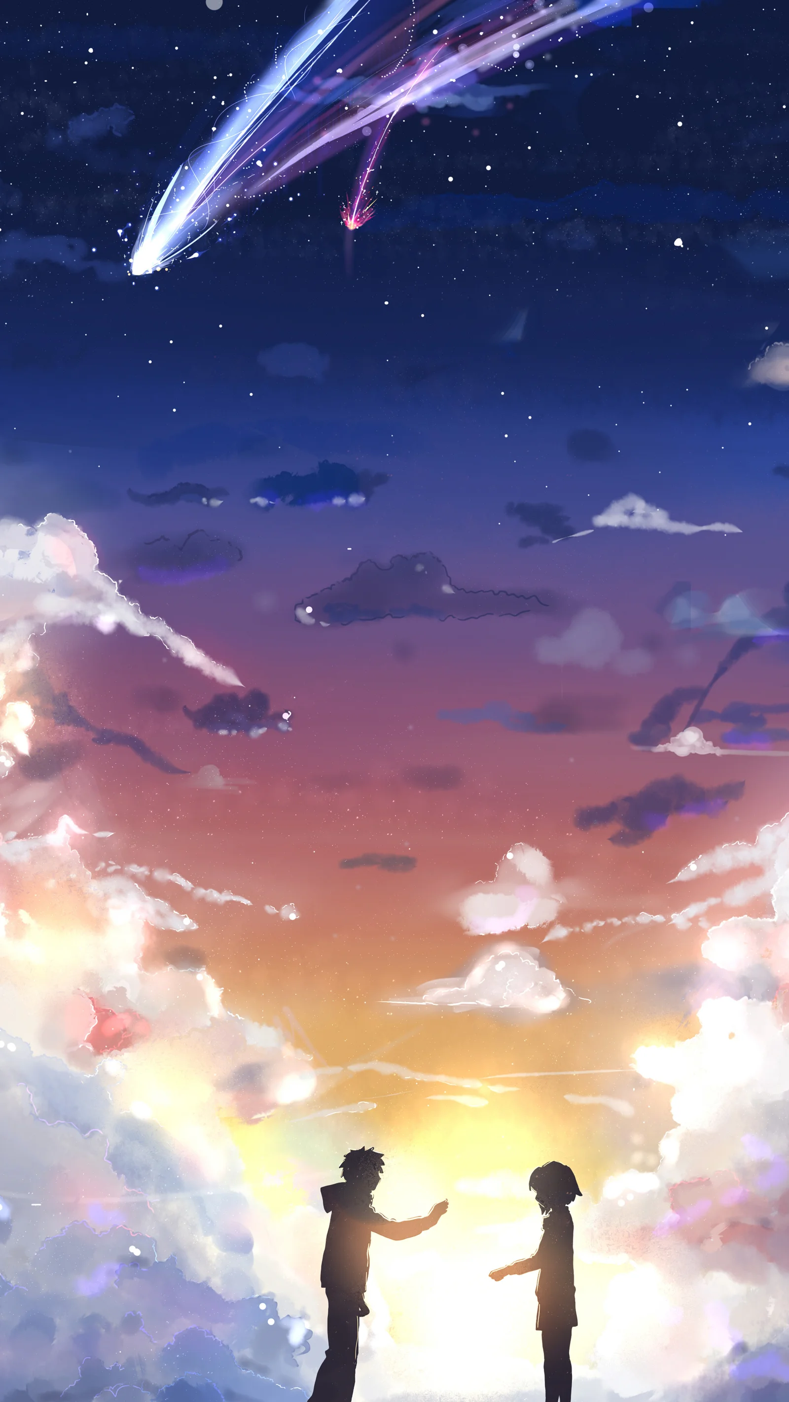 アニメ風の星空を彗星が横切り、色鮮やかな雲と輝く地平線の下に小さな人物のシルエットが二つ描かれています。