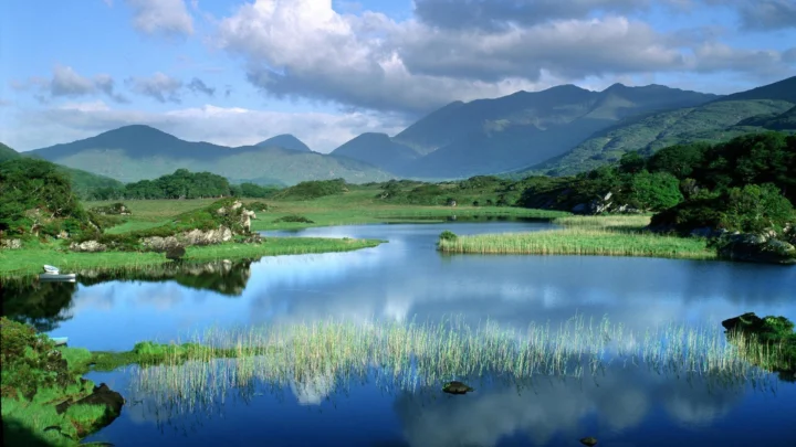 群山、湖泊与芦苇映照着蓝天白云，构成宁静的自然风景。