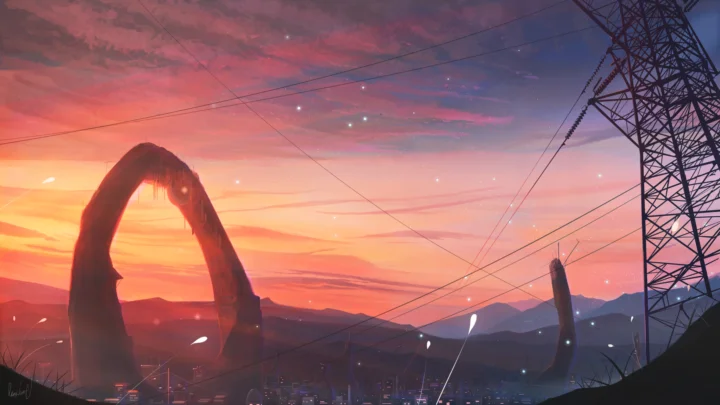 夕阳映照着群山、巨大的石拱结构和输电塔，构成一幅奇幻的暮色景观。