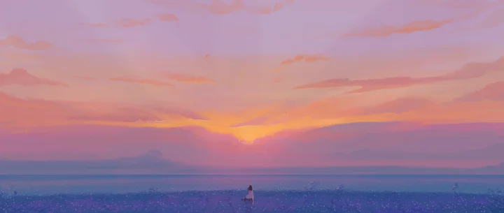 粉彩色的夕阳映照着平静的海面，层叠的云朵铺展在地平线上方，远处有一个微小的人影。