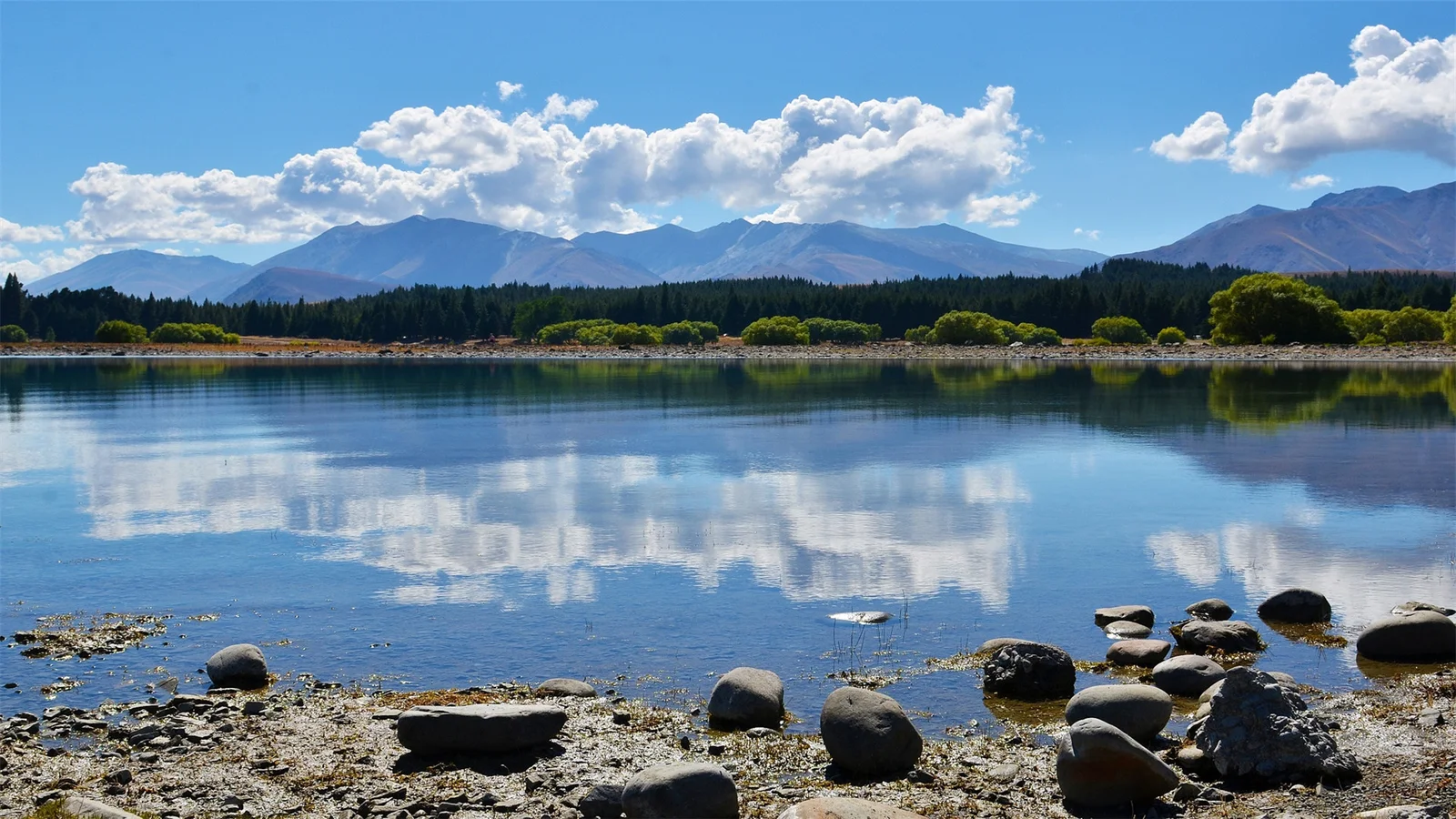 寧靜的湖面倒映著藍天白雲、遠山和沿岸森林，前景散布著岩石。