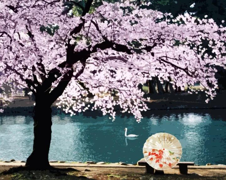 画面描绘了湖畔盛开的粉色樱花树、水面上的白天鹅和岸边的彩绘伞。