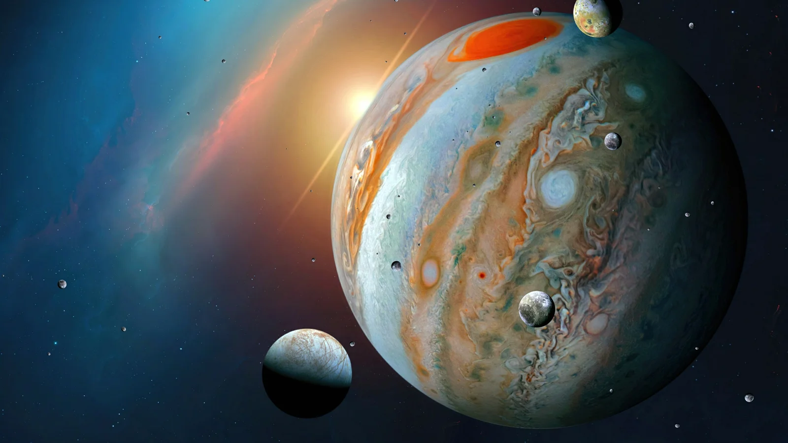 一颗巨大的条纹行星与数颗卫星漂浮在繁星与彩色星云背景中。