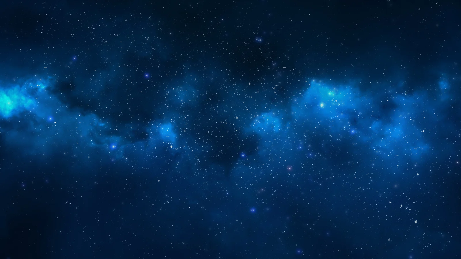 深蓝色星空中弥漫着明亮的蓝色星云和密集的星点。
