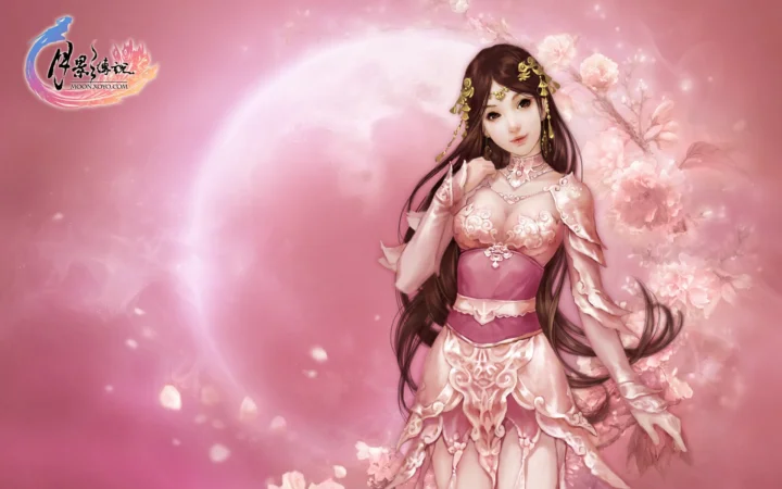 ピンクの背景の中で、華やかなピンクの衣装を着たアニメ風の女性が花々と柔らかな光に囲まれて立っている。