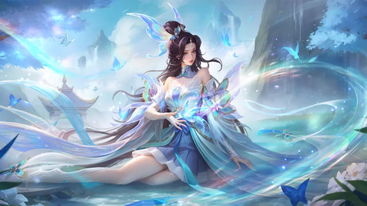 一位身着飘逸蓝白服饰的动漫女性坐在水边，周围环绕着蝴蝶、流光与梦幻山水。