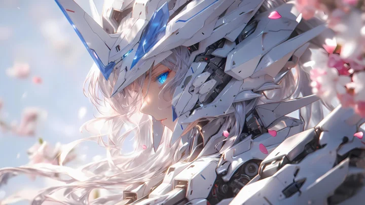 白い機械装甲を身にまとった白髪のアニメキャラクターが、花びらと柔らかな光の中で青い目を輝かせている。