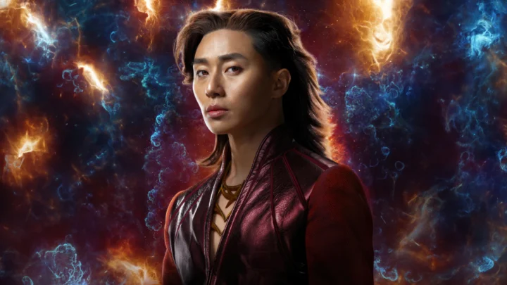 一名成年男子身穿深色夹克，站在绚丽的蓝红金色星云背景前。