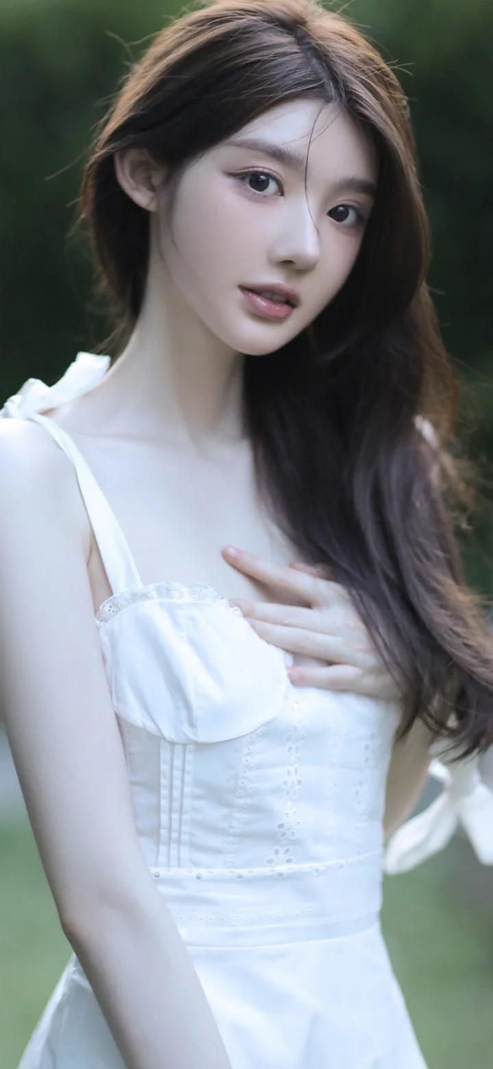 一名長髮女子身穿白色連身裙站在戶外綠意背景前。