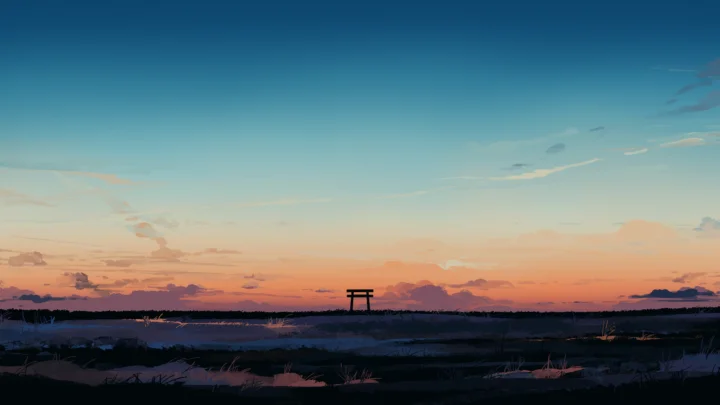 暮色映照下的湿地延伸至远方，天空呈现蓝色、橙色与粉紫色的渐变。