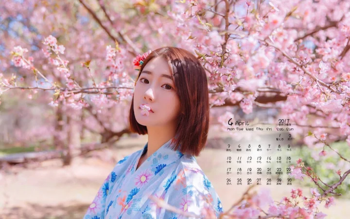 一名穿着浅蓝色和服的女子站在盛开的樱花树下，画面右侧可见手写日历。