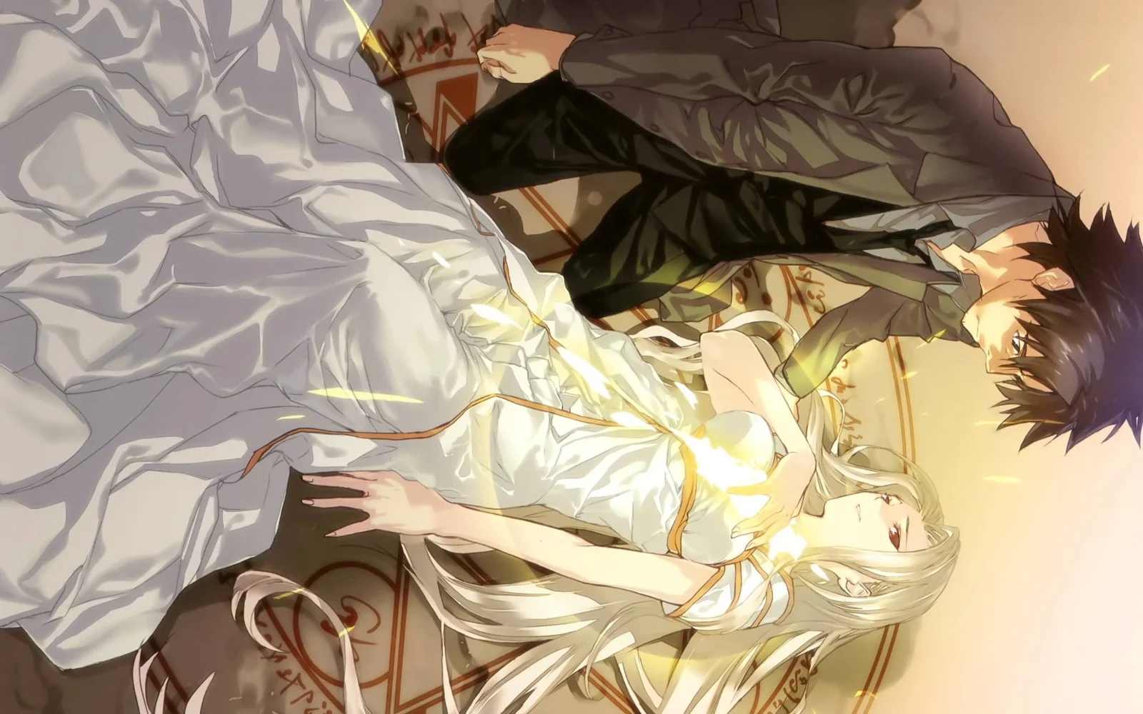 画面呈现一名黑发男子与一名金发女子并排躺在装饰性背景上的动漫插画。