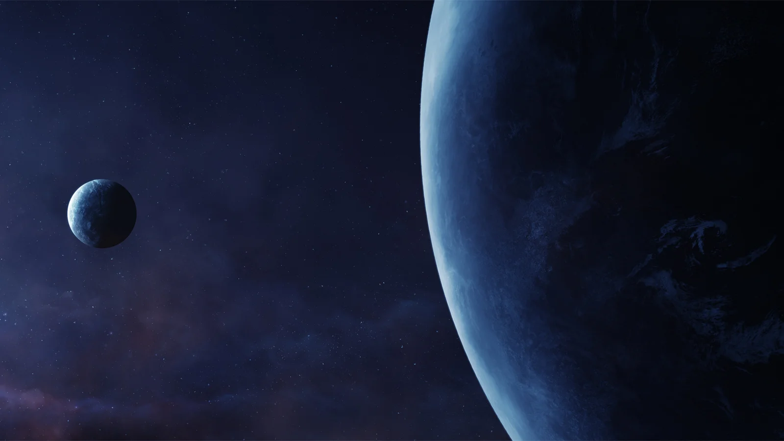 深蓝色星空中，一颗巨大的蓝色行星与远处的月亮相对而立。