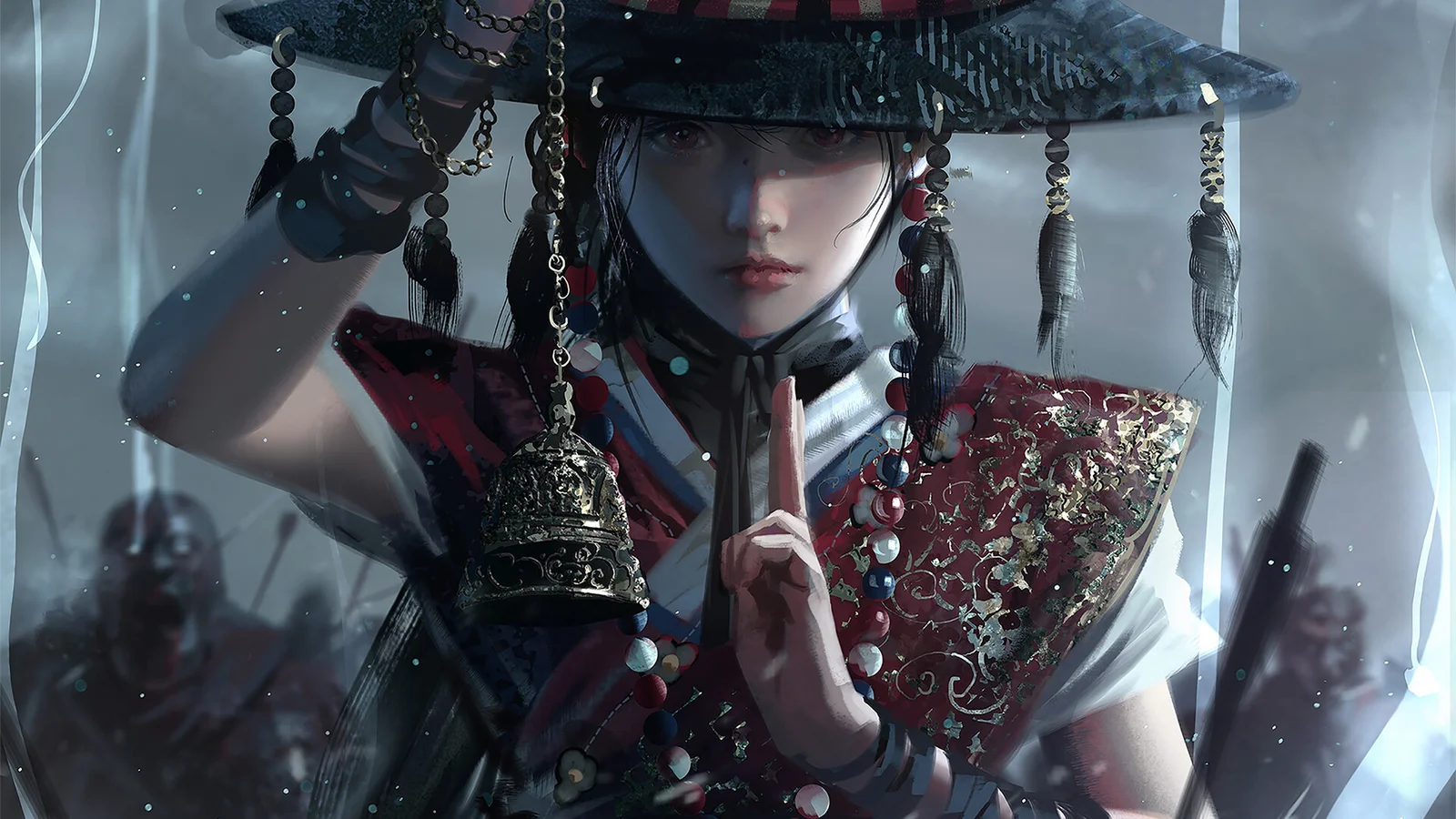 一名身穿华丽传统服饰、头戴装饰帽子的动漫女性人物位于画面中央。