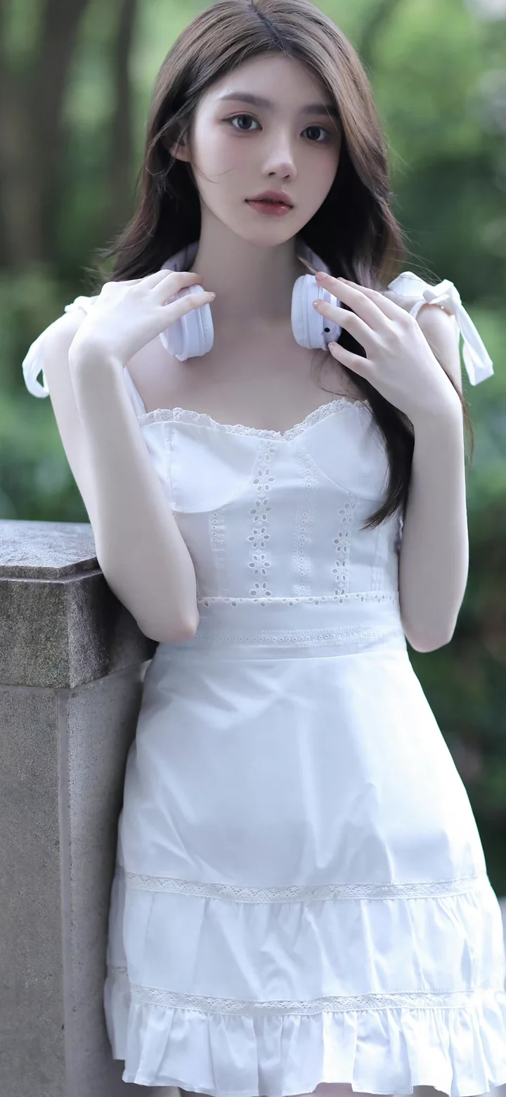 一位身穿白色连衣裙、佩戴白色耳机的女性站在户外绿树背景前。