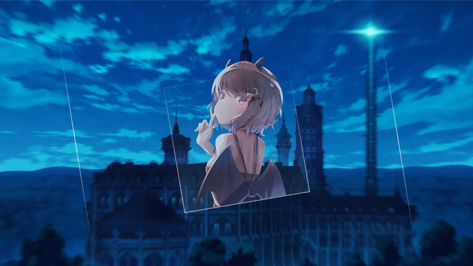 蓝色夜空下，一名动漫女孩置于城市建筑剪影前的画面。