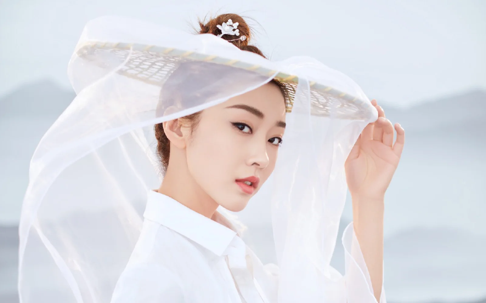 一名成年女性戴着白色薄纱头饰，面向镜头侧身凝视。