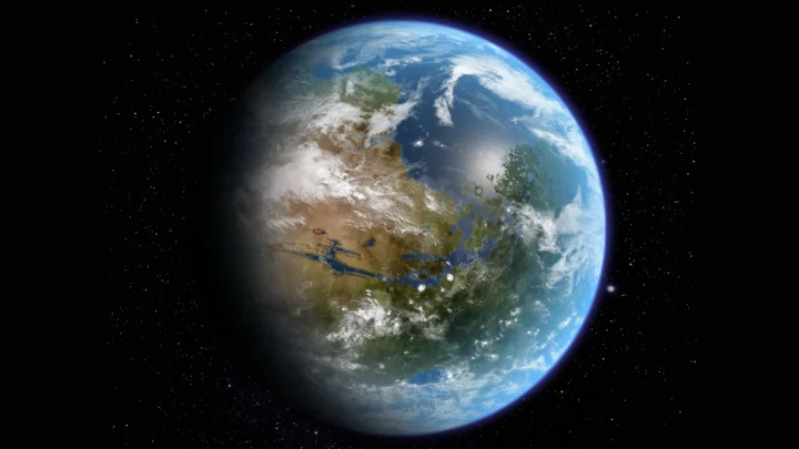一颗明亮的蓝色地球悬浮在深邃星空中。