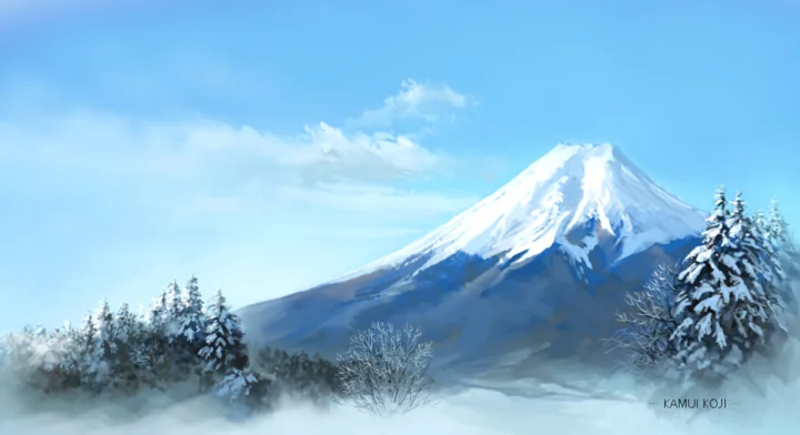 一座积雪覆盖的高山耸立在霜冻松树之间，映衬着明亮的蓝天。