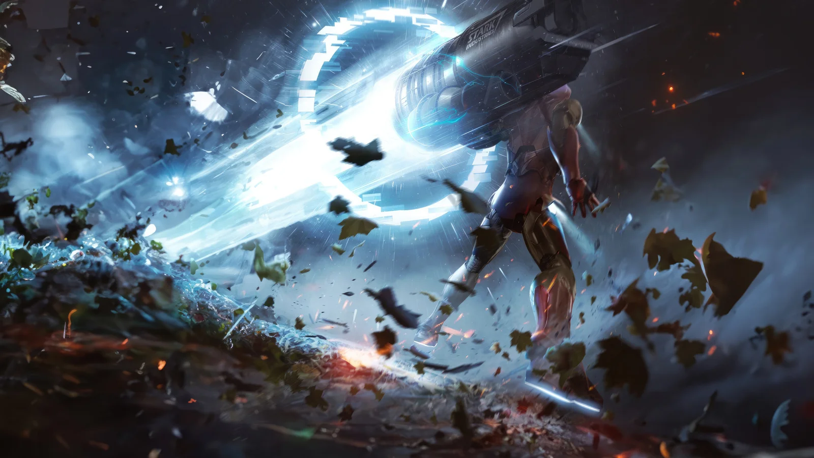 画面展示了一个发光的环形能量结构、一名科幻风格的 humanoid 形象以及空中飞散的碎片。