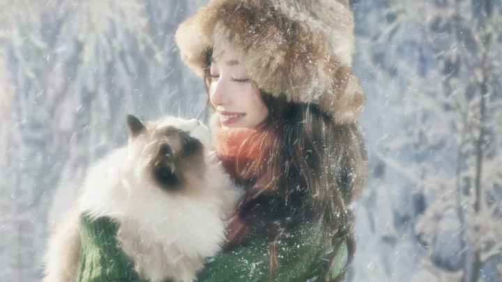 一名戴毛皮帽的女子在飘雪的户外抱着一只猫。