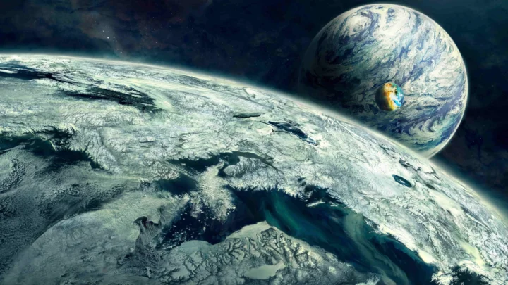 从太空中可见一颗覆盖云层的地球，背景中悬浮着另一颗行星。