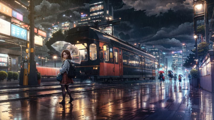 雨夜的城市街道上，一辆有轨电车停在灯火通明的街边，湿润路面映出霓虹光彩。