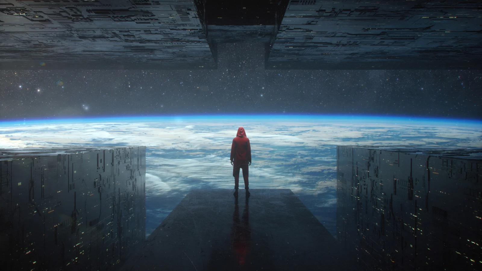 一名小型人影站在太空结构的开口处，面向云层覆盖的地球和星空。