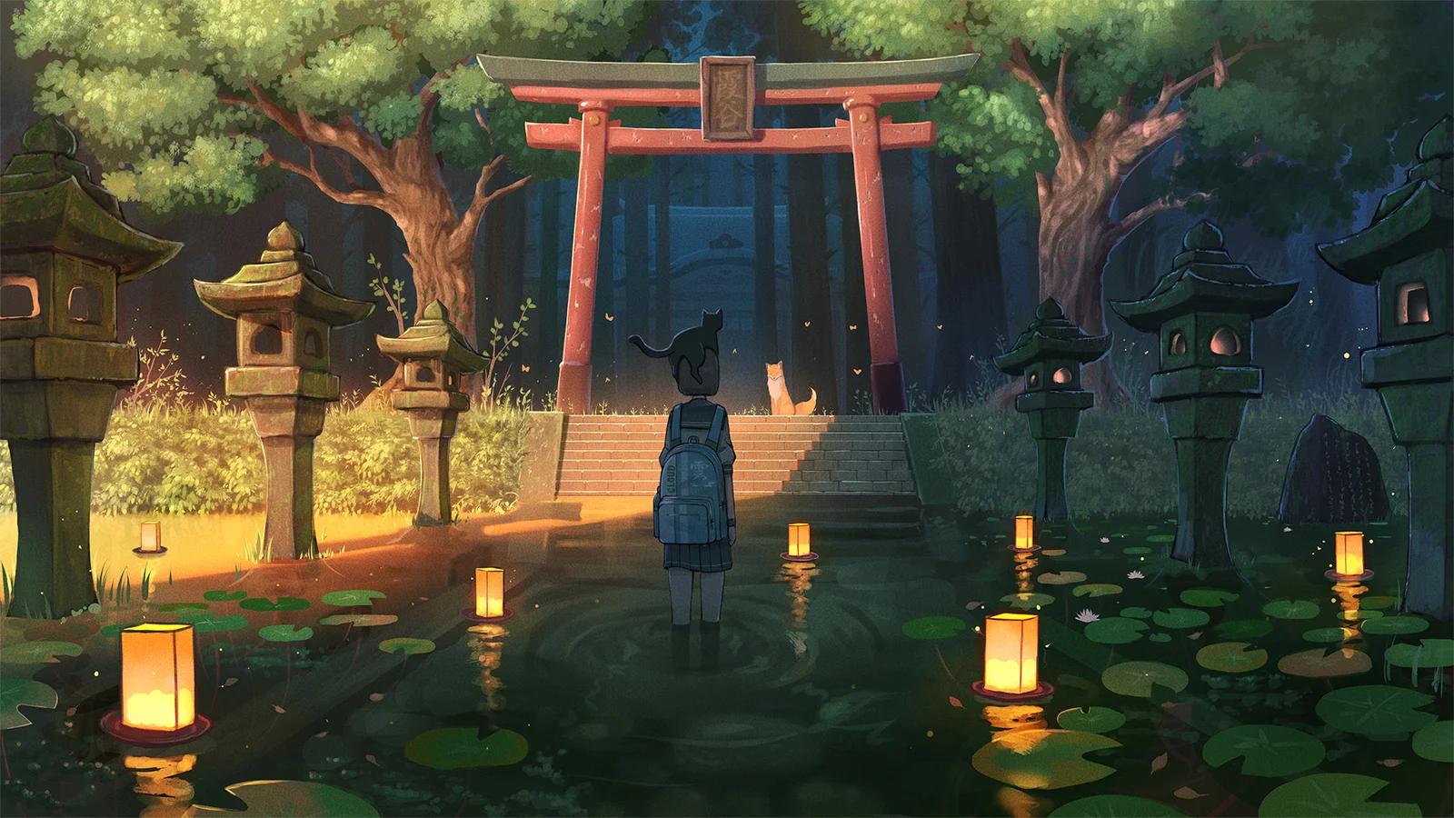 밤의 일본 신사 입구와 석등, 연못이 어우러진 고요한 애니메이션풍 장면입니다.