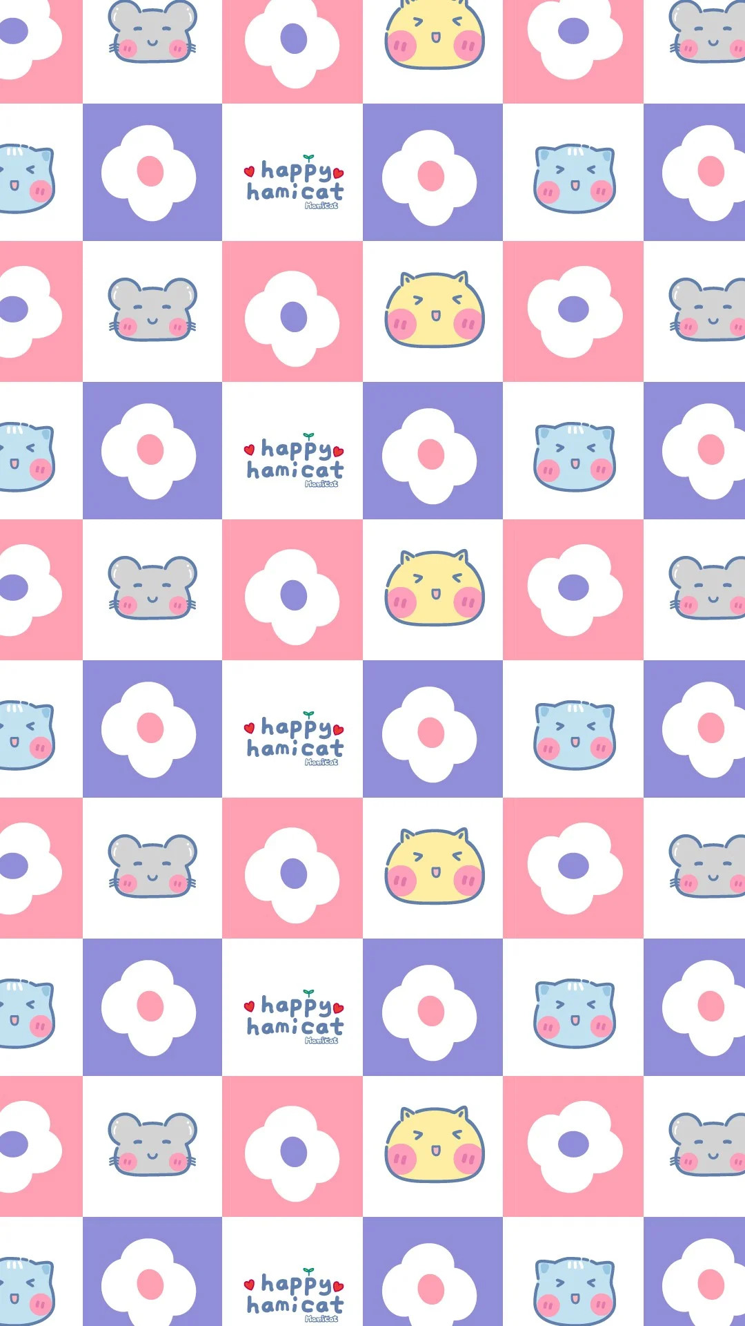画面由粉彩色背景、卡通猫咪、仓鼠、花朵和“happy hamicat”字样组成重复图案。