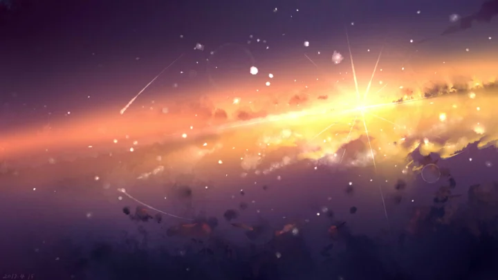 紫色与橙金色交织的发光星云横跨画面，散落的星点环绕着中央耀眼光芒。
