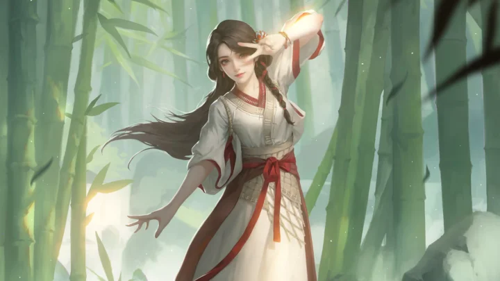 一名身穿白红色长裙的动漫女子站在阳光穿透的竹林中。
