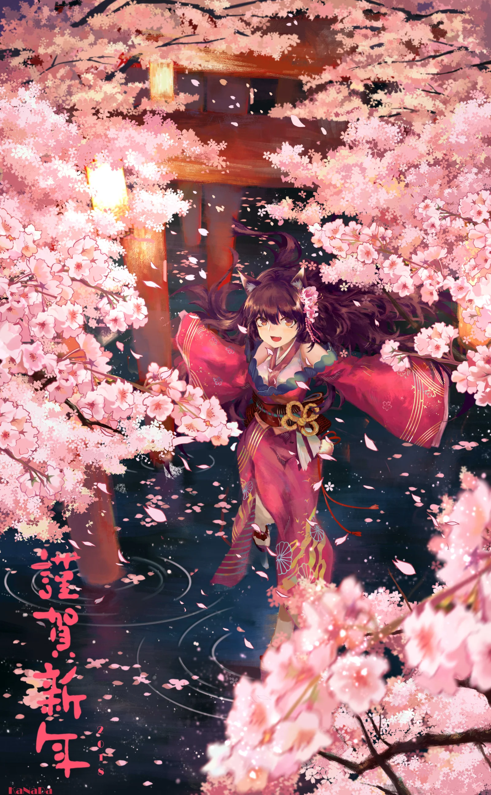 一名动漫风格少女站在繁盛的樱花枝叶间，背景是一座深色木质建筑。