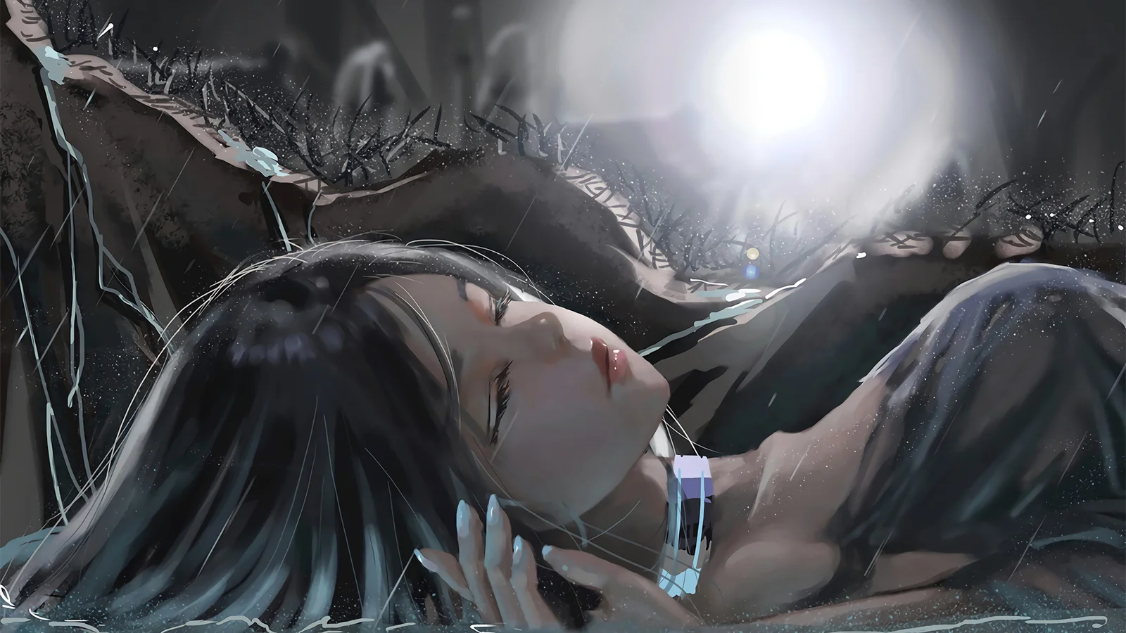 검은 머리의 애니메이션풍 여성이 어두운 옷을 입고 달빛 아래 누워 있으며 전체적으로 차갑고 어두운 색감이다.