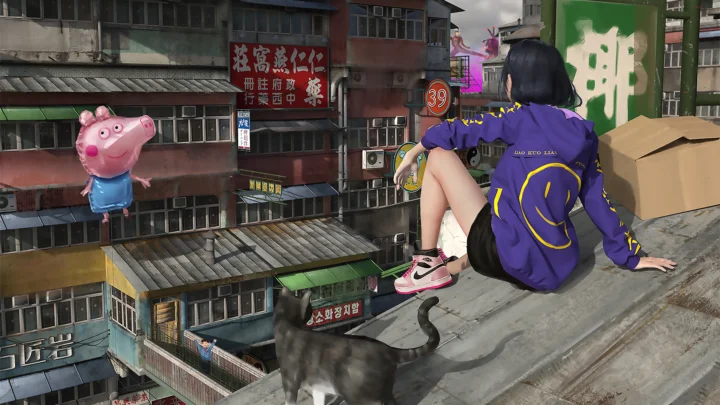 一名女性坐在城市屋顶上，周围是密集的建筑、一只猫和粉色猪形玩偶。