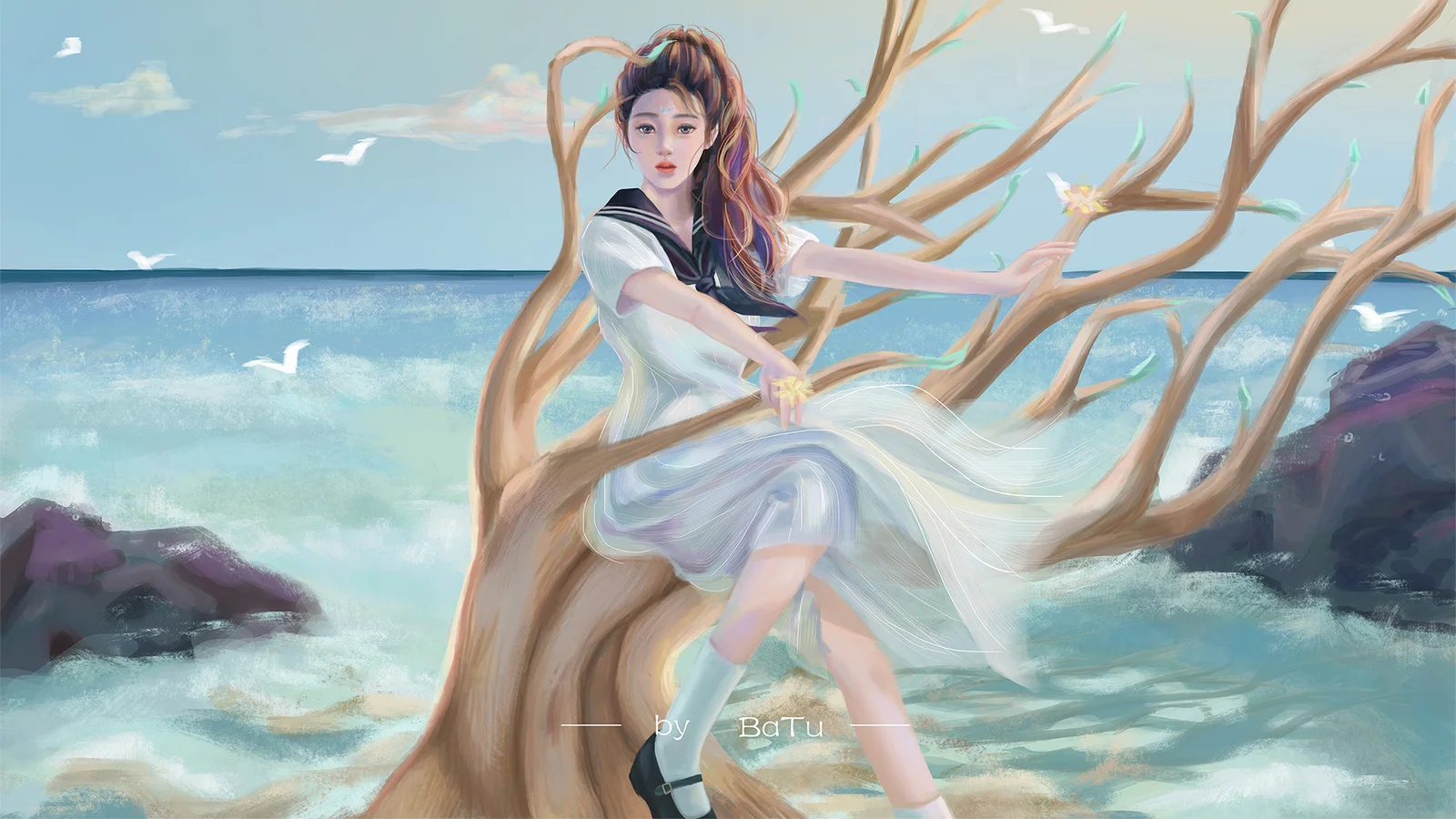 흰색 옷을 입은 애니메이션 소녀가 바닷가 나뭇가지 사이에 앉아 있으며 배경에는 푸른 바다와 하늘, 날아가는 새가 보입니다.