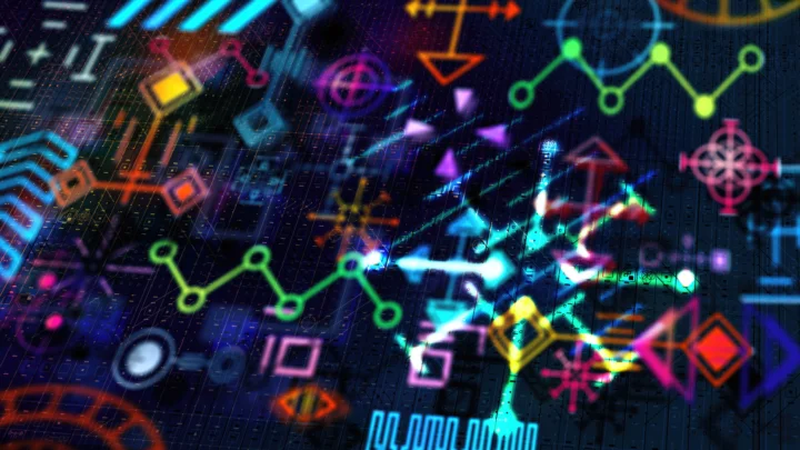 深色电路背景上叠加了多彩发光的几何符号、数据线条和数字图案。