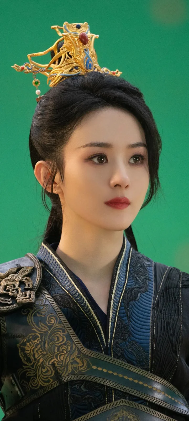 초록색 배경 앞에 화려한 어두운 의상과 금색 머리 장식을 착용한 여성이 서 있습니다.