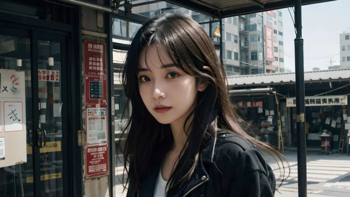 一名黑发女性身穿黑色夹克站在城市街道旁。