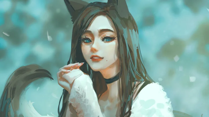 猫耳と尻尾のある長髪の女性イラストが、柔らかな青緑色の背景に描かれている。