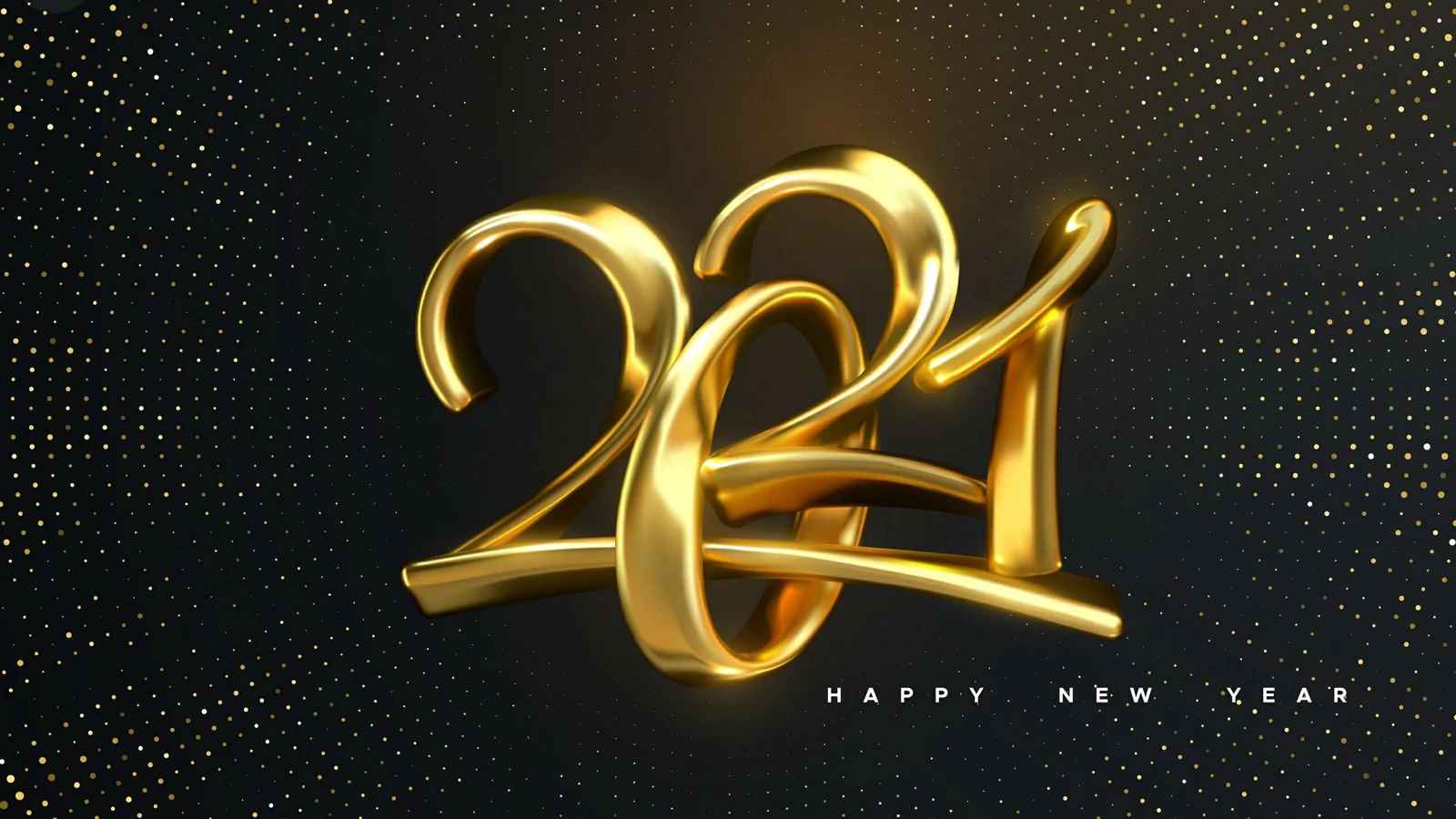深色背景上呈现立体金色数字“2021”、金色点状图案和“HAPPY NEW YEAR”文字。
