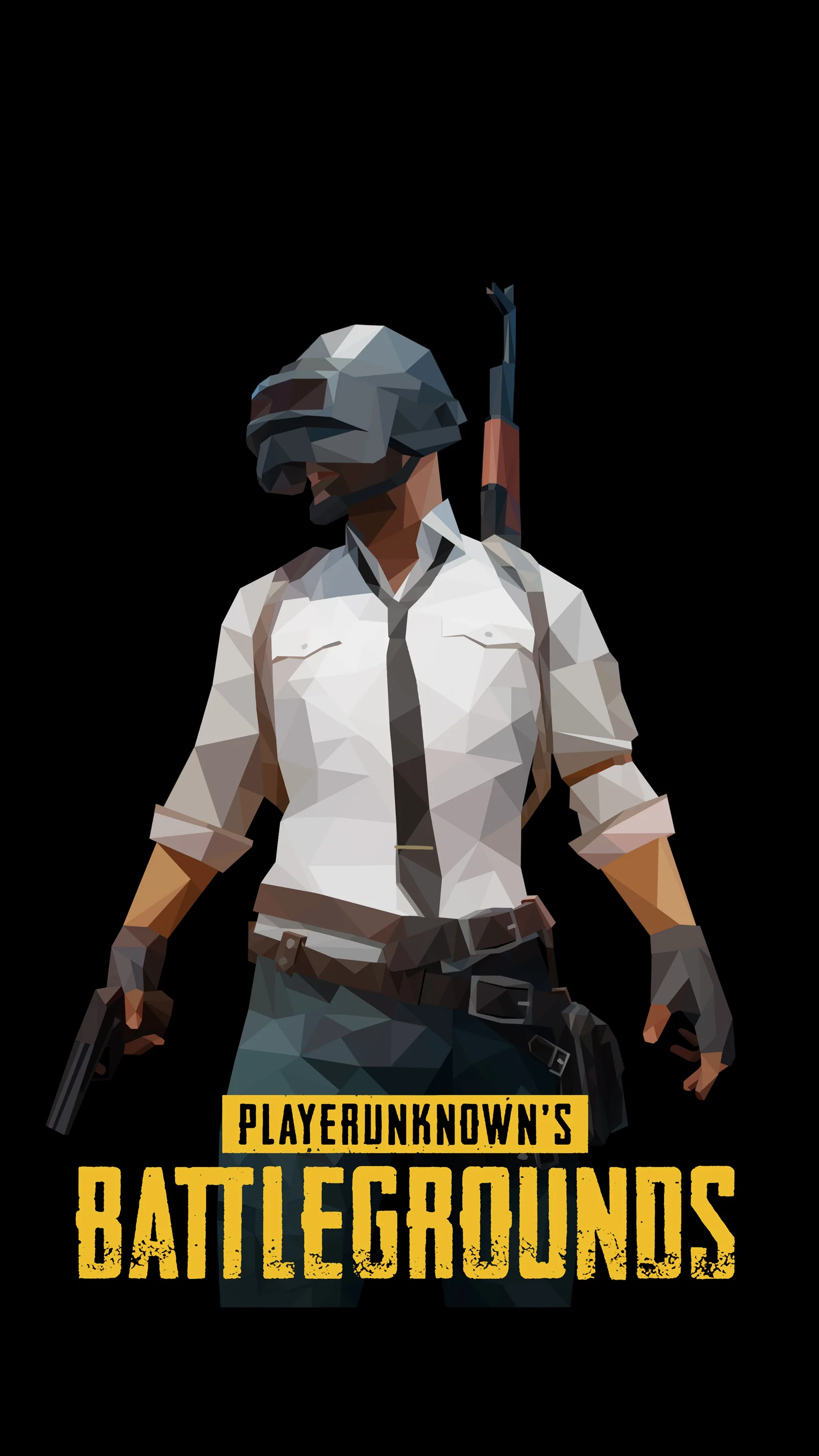 검은 배경 위에 헬멧과 흰 셔츠, 넥타이를 착용한 로우 폴리곤 캐릭터가 무기를 들고 서 있으며 하단에는 노란색 영문 로고가 있습니다.