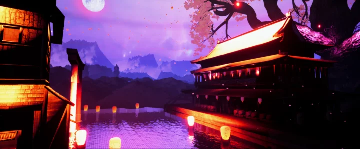 紫色月夜下，湖畔的寺院、山峦与漂浮的灯笼倒映在水面上。