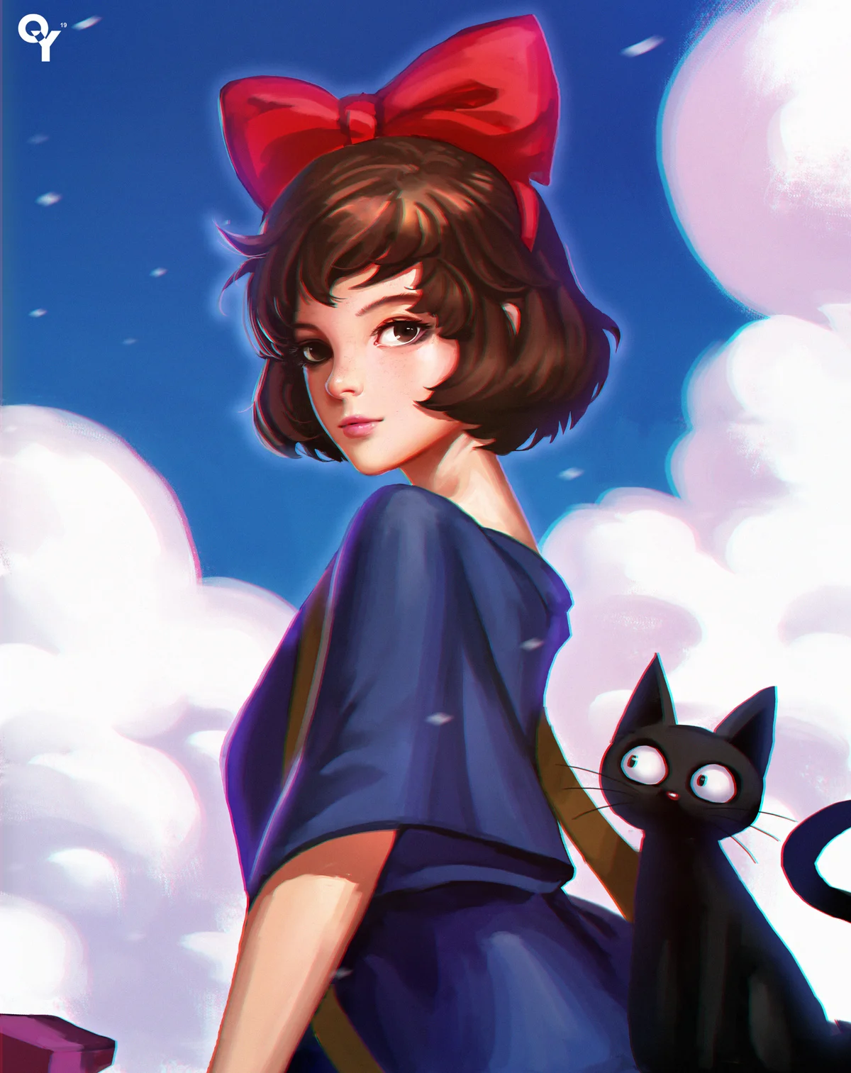 赤いリボンを付けたアニメ風の少女が、白い雲の浮かぶ青空の下で黒猫と並んでいる。
