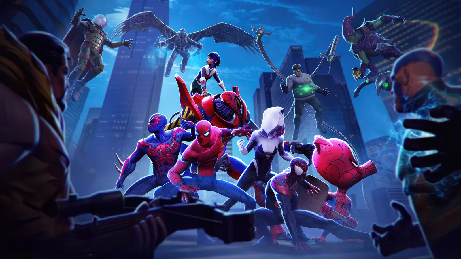 スパイダーマン風のスーパーヒーローたちが青い都市の背景に集結している。