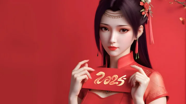 一位身穿红色服饰的动漫风格女性在红色背景前手持写有“2025”的红色牌子。